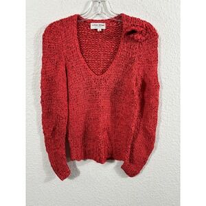 Vintage Lorna Adams Sweater Womens Medium Red Open Knit Flower Applique 90s